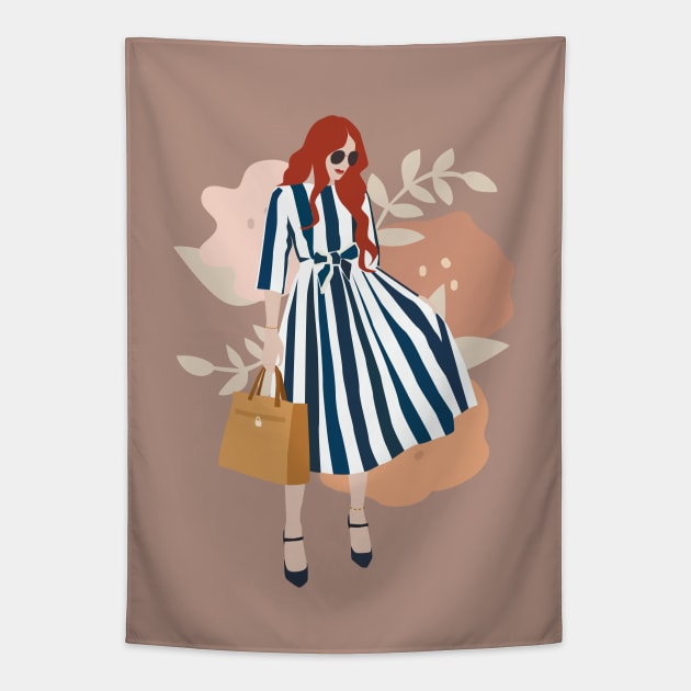 Woman Fancy Stripe Dress Tapestry by JunkyDotCom