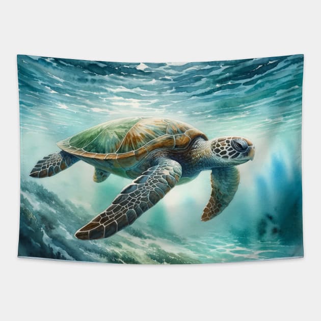 Oceanic Grace: Serene Green Sea Turtle Watercolor Tapestry by Aquarelle Impressions