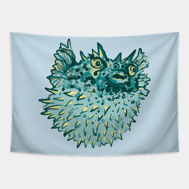 Angry blue pufferfish Tapestry by Shadoodles