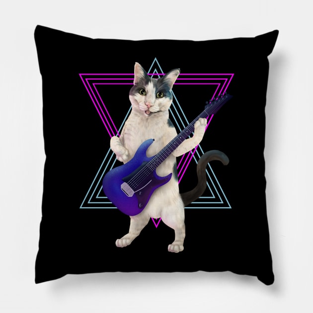 Cat playing electric guitar Pillow by Mehu Art