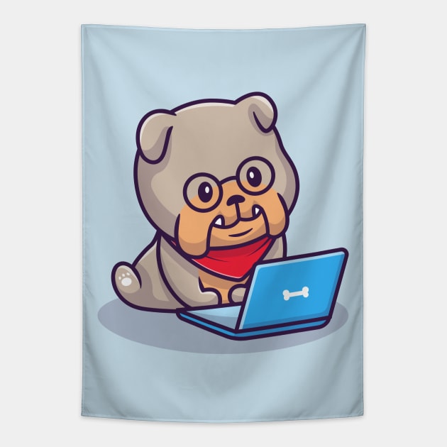 Cute Bulldog Operating Laptop Tapestry by Catalyst Labs