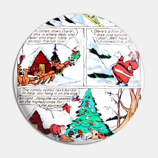 Santa Claus arrives in his sleigh with his reindeer friends to leave the gifts under the snow-filled Christmas tree Retro Vintage Comic Book Pin