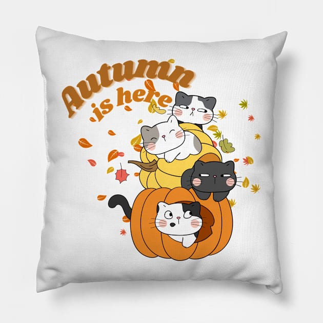 Autumn is here - Hello Fall - Cat in Pumpkin Pillow by by Fre