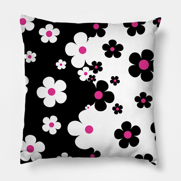 60's Retro Pop Small Flowers in Black, White and Pink Pillow by MellowCat