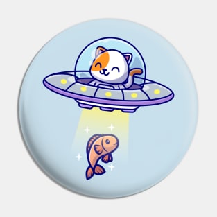 Cute Cat Catching Fish With Ufo Cartoon Pin