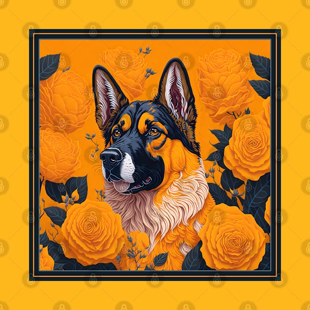 Dogs, shepherd dog and flowers, dog, seamless print, style vector (Yellow version #3 shepherd dog ) by xlhombat