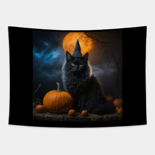 A sleek black witch cat on Halloween night Tapestry