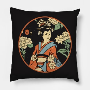 Woodblock print Japanese geisha in a temple garden Pillow