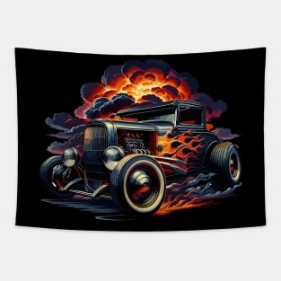 Explosive Flaming Hot Rod with Flames Paint Job Custom Car Retro Style Hot Rod Vintage Custom Car Tapestry