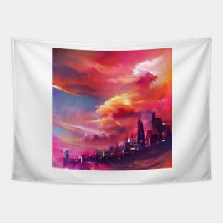 Sunset over the city in the clouds Tapestry