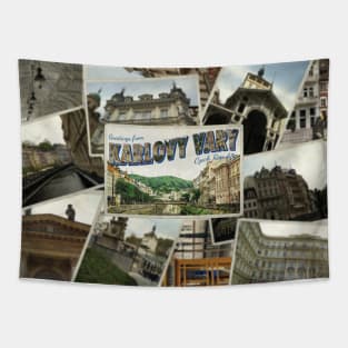 Greetings from Karlovy Vary in Czech Republic Vintage style retro souvenir Tapestry