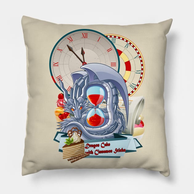 Time Dragon Cake with Cinnamon Sticks Pillow by black8elise