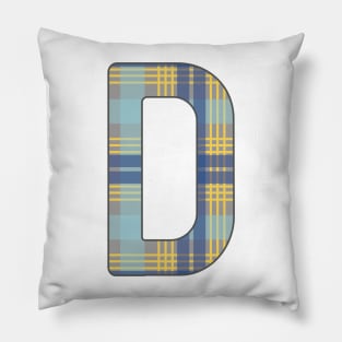 Monogram Letter D, Blue, Yellow and Grey Scottish Tartan Style Typography Design Pillow