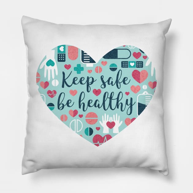 Keep safe be healthy // heart print // aqua background navy blue mint red white and coral medicine elements Pillow by SelmaCardoso