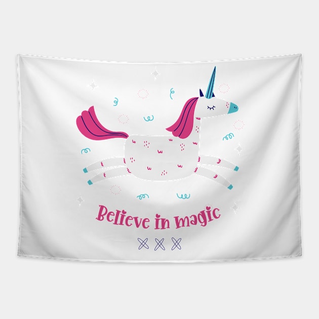 Believe In Magic Beautiful Flying Unicorn With Stars Tapestry by teezeedy