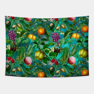 Vibrant tropical floral leaves and fruits floral illustration, botanical pattern, Turquoise Blue fruit pattern over a Tapestry