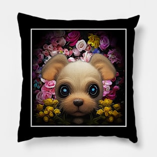 puppy in the middle of flowers Pillow