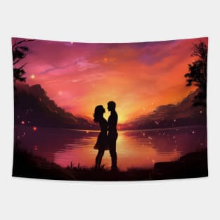 Romantic Couple Sunset Kissing Holding Hands Love Valentines Tapestry
