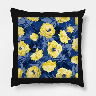 Yellow peonies - blue leaves Pillow