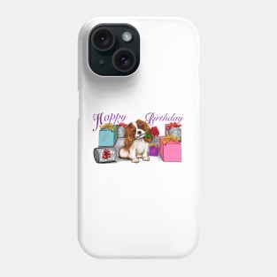 Happy birthday Cavoodle puppy dog with rose in its mouth surrounded by gifts ii. Cavapoo birthday Phone Case