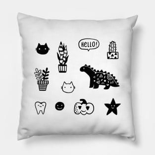 Funny set with cat, dino, pumpkin, tooth, star, plant, cacti Pillow