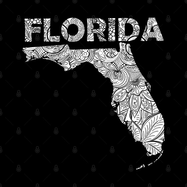 Mandala art map of Florida with text in white by Happy Citizen