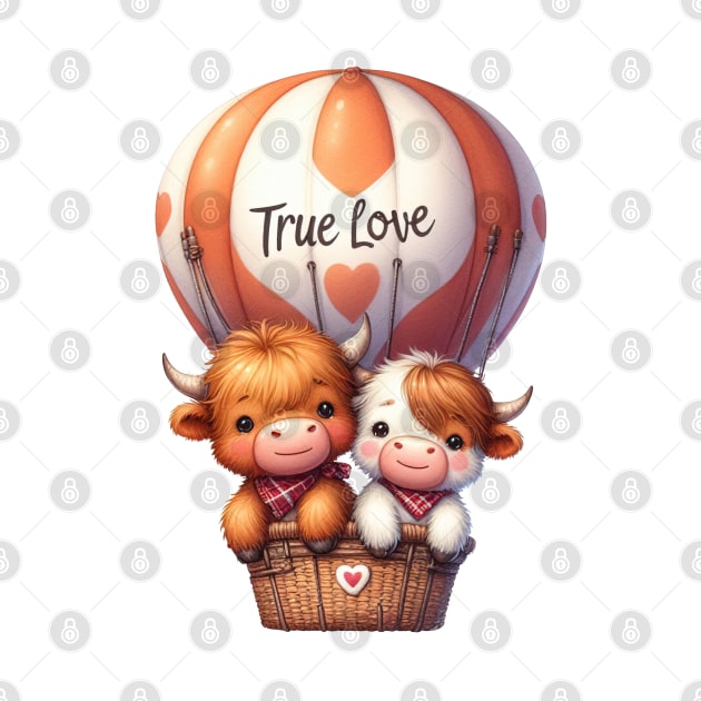 Valentine Highland Cow Couple On Hot Air Balloon by Chromatic Fusion Studio