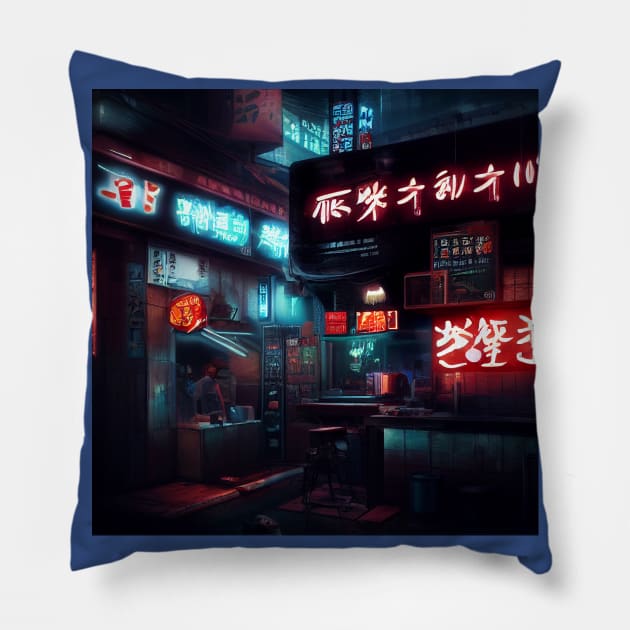 Cyberpunk Tokyo Ramen Shop Pillow by Grassroots Green