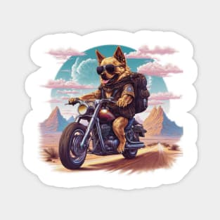 Dog with sunglasses riding a motorcycle in the desert Magnet