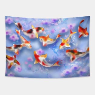 Sakura and koi carp in a purple pond Tapestry