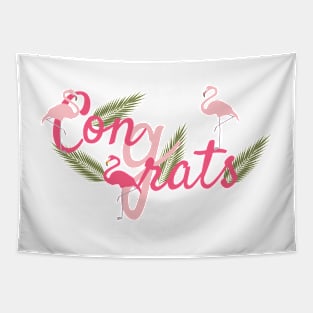 Congrats With Pink Flamingo and Green Palm Leaves Tapestry
