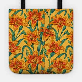 Tawny daylily flowers, blue and yellow Tote