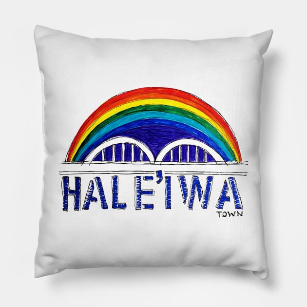 Haleiwa Rainbow Bridge Drawing Pillow by HaleiwaNorthShoreSign
