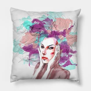 Girl with watercolor hair Pillow