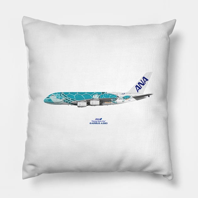 Illustration of ANA Airbus A380 - Flying Honu Kia Pillow by SteveHClark