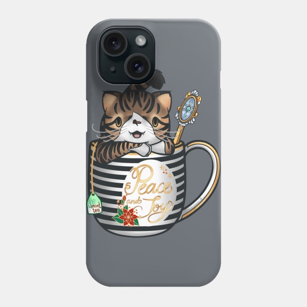 “Peace and Joy” Spice the tabby cat in a teacup keeping warm for the holidays Phone Case by SamInJapan