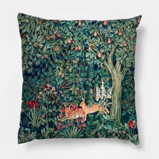 GREENERY, FOREST ANIMALS Hares Blue Green Red Floral Tapestry Pillow
