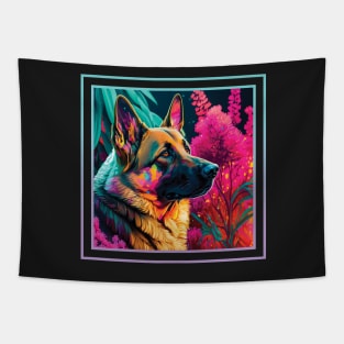 Pensive German Shepherd Floral Vibrant Tropical Digital Oil Painting Pet Portrait Tapestry