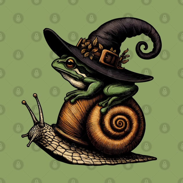 Cottagecore Witchy Frog Travel on Snail by TomFrontierArt