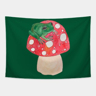 Green frog on red mushroom fly agaric Tapestry