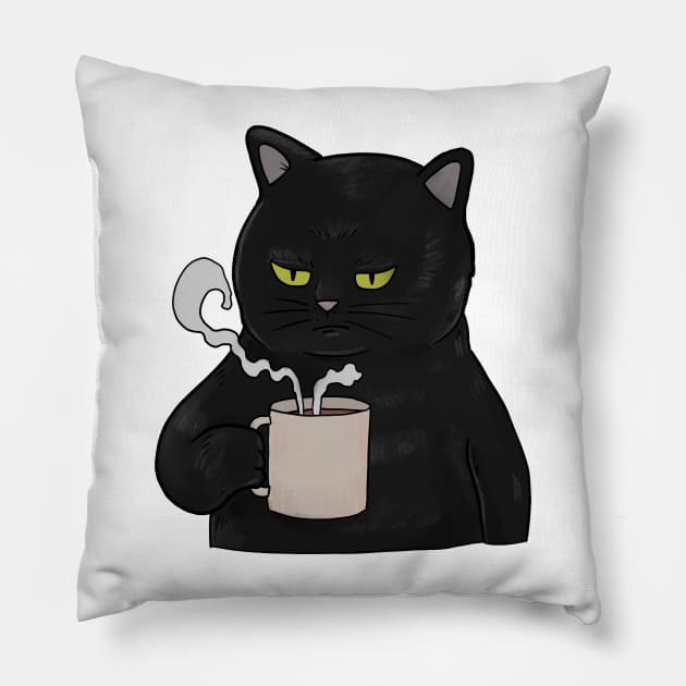 Grumpy Black Cat with Coffee Morning Grouch Pillow by Mesyo