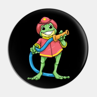 Funny frog as a firefighter with a hose Pin