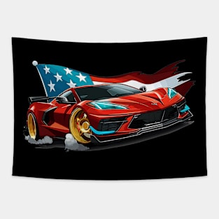 Red C8 Corvette Fourth of July American Flag Supercar Racecar Muscle Car Sportscar July 4th Torch Red Corvette C8 Tapestry