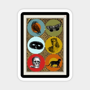 Halloween Signs and Portents Six Symbols - Black Cat, Skull, Mask, Memento Mori, Moth, Crow. Magnet