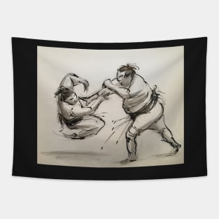 Sumo #7 - Sumo wrestlers ink wash painting on paper Tapestry