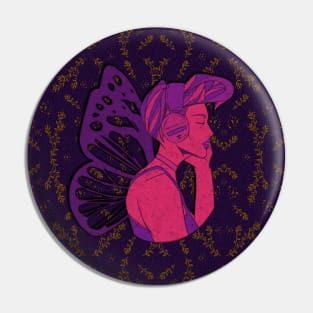 Butterfly woman listening to music in pink Pin