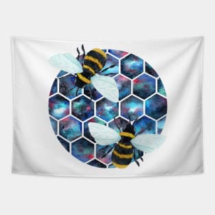 Cosmic watercolor galaxy honeycomb with two space bees Tapestry