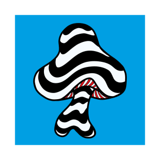 The Perfect Magic Mushroom: Trippy Wavy Black and White Stripes Contour Lines on blue with Red Underbelly. T-Shirt