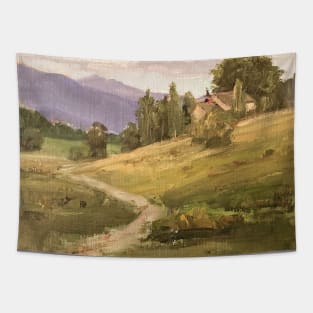 Vintage Oil Painting Landscape Nature Barn Trail Tapestry