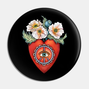 Tattoo style poppy, heart and eye. Pin